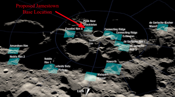 Lunar south pole map showing candidate landing regions and the proposed Jamestown base location