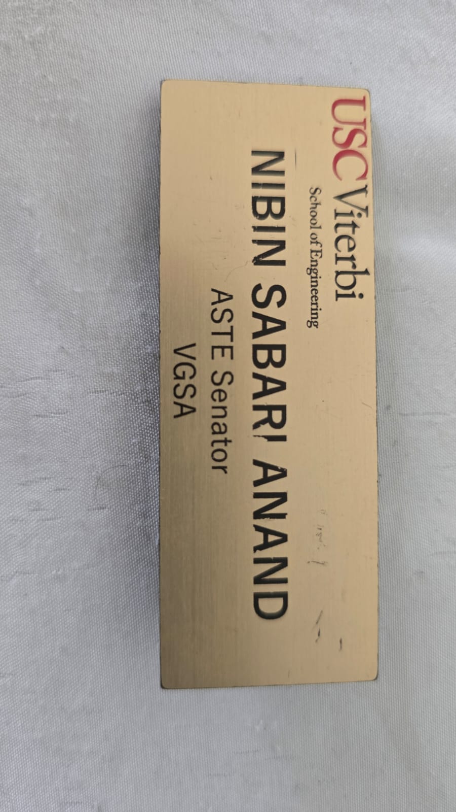 USC Viterbi VGSA name badge reading Nibin Sabari Anand, ASTE Senator