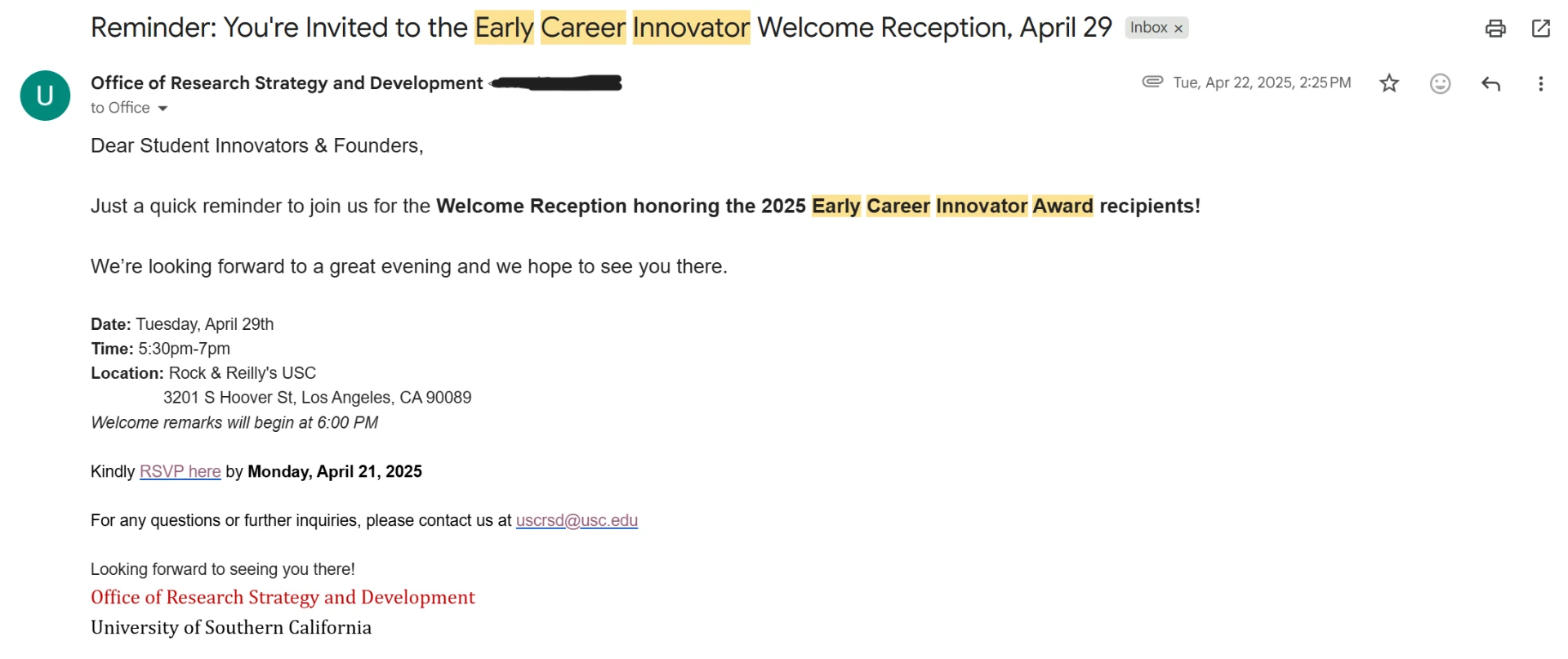 USC Office of Research invitation honoring the 2025 Early Career Innovator Award recipients