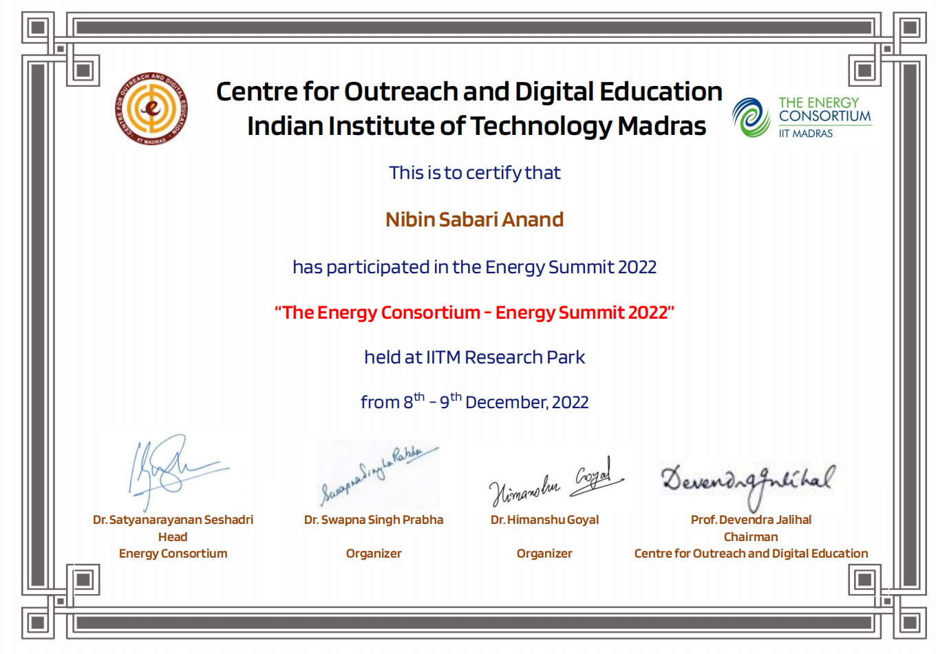 IIT Madras Energy Consortium Energy Summit 2022 participation certificate