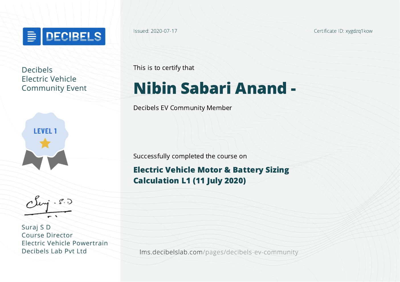 Decibels Lab certificate for Electric Vehicle Motor and Battery Sizing Calculation L1