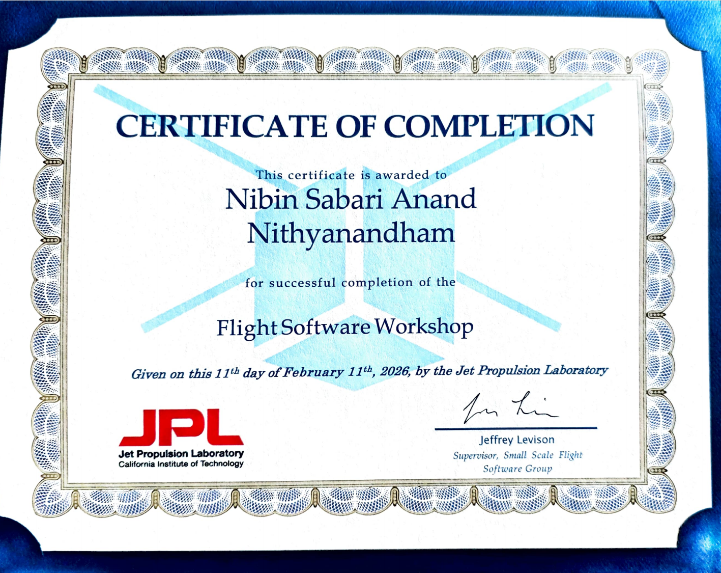 NASA JPL F Prime Flight Software Workshop certificate of completion