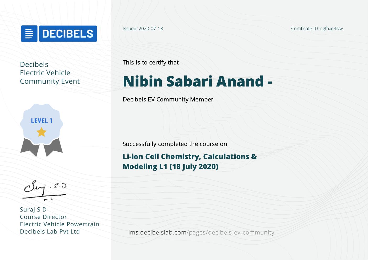 Decibels Lab certificate for Li-ion Cell Chemistry, Calculations and Modeling L1