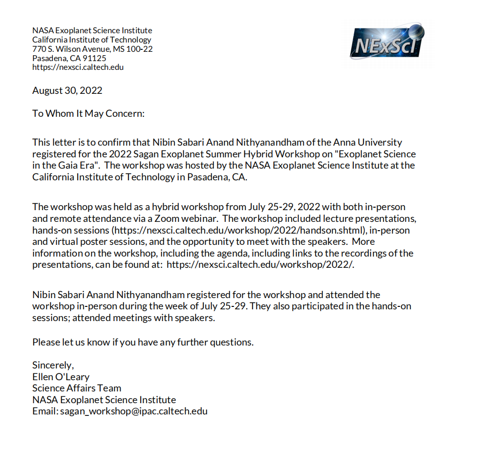 NASA Exoplanet Science Institute letter confirming attendance at the 2022 Sagan Summer Workshop