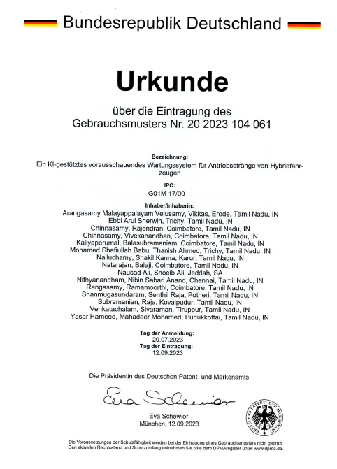 German Patent and Trademark Office Urkunde for utility model 20 2023 104 061
