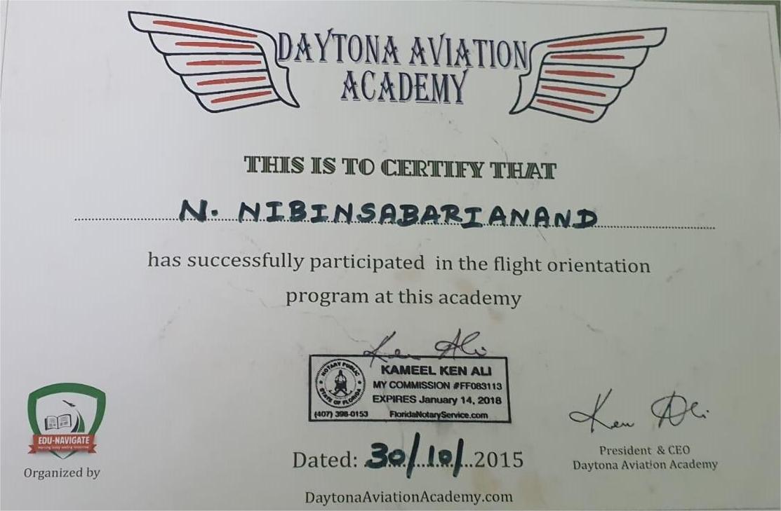 Daytona Aviation Academy flight orientation program certificate